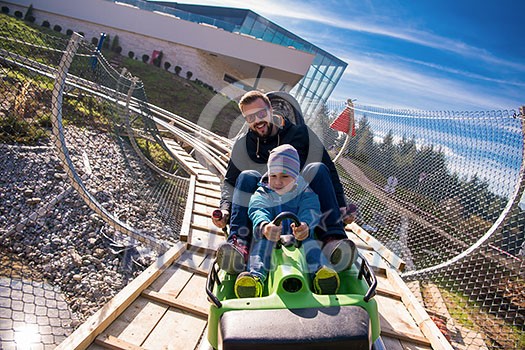 Excited young father and son driving on alpine coaster while enjoying beautiful sunny day in the nature