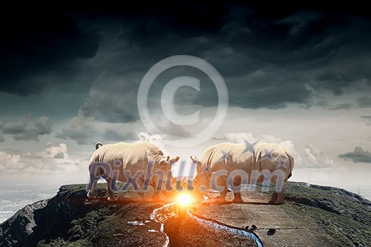 Two rhino animals on rock top as symbol of competition Two rhino animals on rock top as symbol of competition