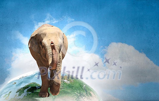 Elephant walking on Earth planet. Elements of this image are furnished by NASA