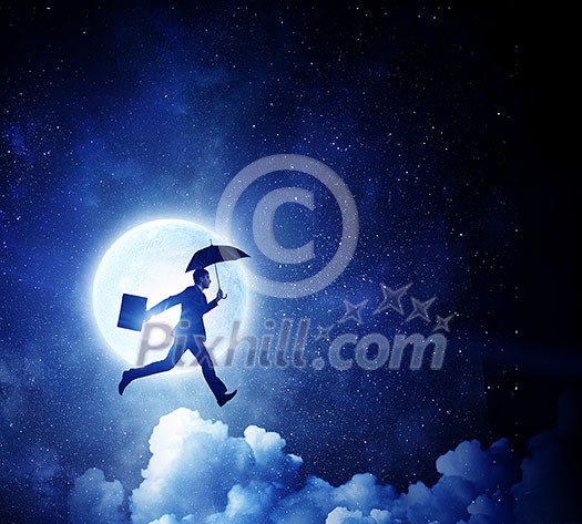 Businessman with umbrella in hand running on cloud