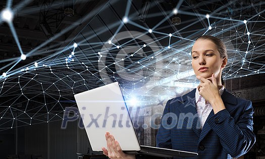 Woman IT manager with laptop in hands among connection lines. 3d rendering Woman IT manager with laptop in hands among connection lines. 3d rendering