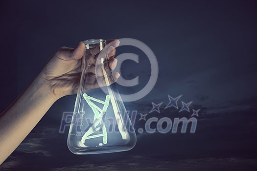 Hand of scientist holding glass tube with DNA molecule. 3D rendering Hand of scientist holding glass tube with DNA molecule. 3D rendering
