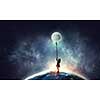 Image of little cute girl with moon on rope. Elements of this image are furnished by NASA