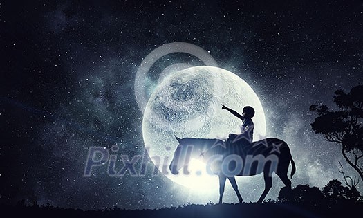 African landscape with wildlife and kid riding zebra at full moon background