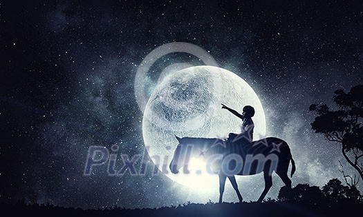 African landscape with wildlife and kid riding zebra at full moon background African landscape with wildlife and kid riding zebra at full moon background