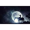 African landscape with wildlife and kid riding zebra at full moon background