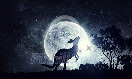 African landscape with wildlife at full moon background