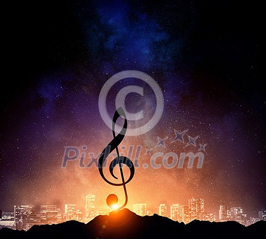 Silhouette of music sign on rock peak against starry sky. Mixed media
