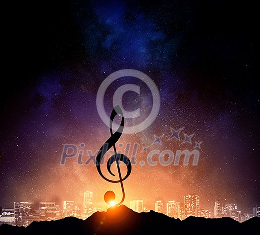 Silhouette of music sign on rock peak against starry sky. Mixed media Silhouette of music sign on rock peak against starry sky. Mixed media