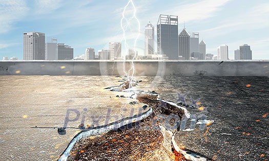 Concept of catastrophe with crack in asphalt road. Mixed media Concept of catastrophe with crack in asphalt road. Mixed media
