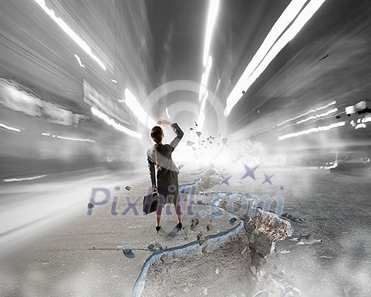 Businesswoman outdoors on asphalt cracked road. Mixed media Businesswoman outdoors on asphalt cracked road. Mixed media