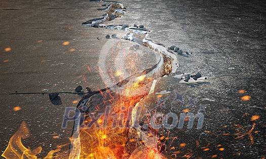 Concept of catastrophe with crack in asphalt road. Mixed media