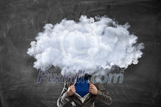 Young businessman with head in the clouds. Mixed media