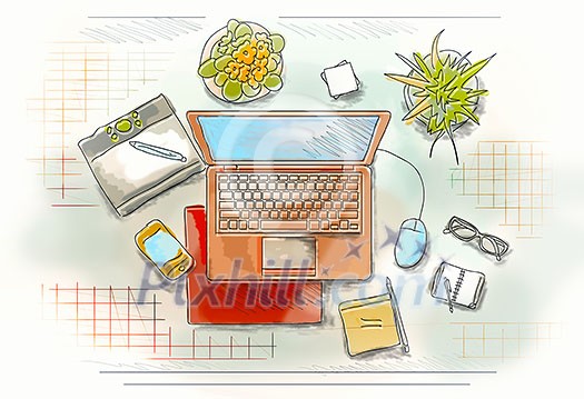 Colored illustration of workplace with different office staff Colored illustration of workplace with different office staff