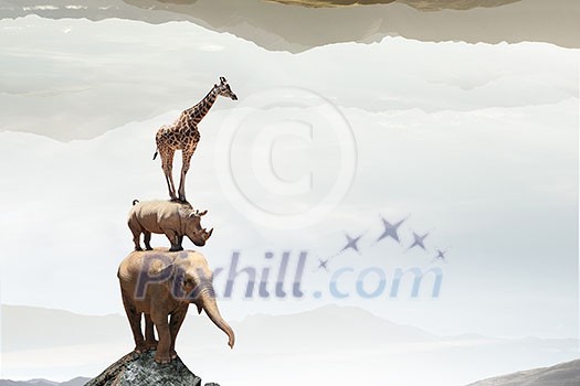 Giraffe rhino and elephant standing on each other. Mixed media