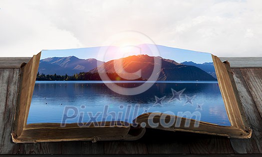 Book with natural sea landscape on pages