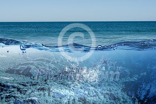 Split view of underwater and blue sky. Mixed media Split view of underwater and blue sky. Mixed media