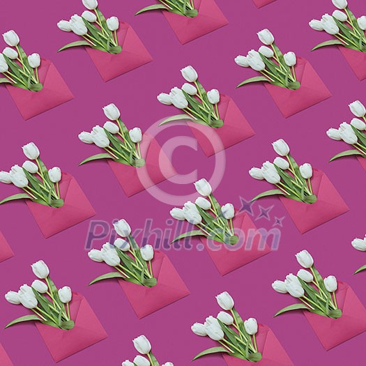 Tulip bouquets in handcraft envelopes pattern on a magenta background. Post card for congratulation. Flat lay.