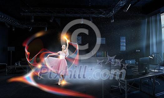 Ballerina kid girl in pink dress dancing. Mixed media