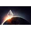 Bitcoin and Ethereum symbols on abstract blue background. 3d rendering. Elements of this image are furnished by NASA