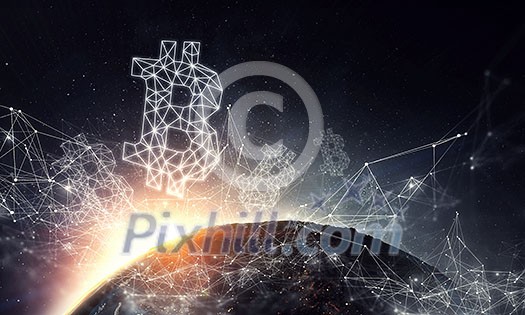 Bitcoin symbol and connection lines as concept for cryptocurrency. 3d rendering. Elements of this image are furnished by NASA
