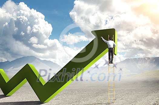 Businessman on ladder climbing to the top of growing arrow. Mixed media