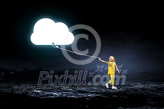 Little cute girl against dark background with cloud balloon. Mixed media Little cute girl against dark background with cloud balloon. Mixed media