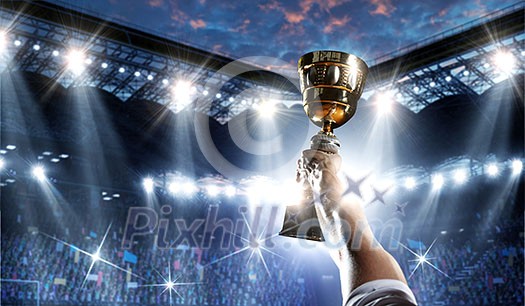Hand of athlete holding cup trophy against stadium. Mixed media Hand of athlete holding cup trophy against stadium. Mixed media