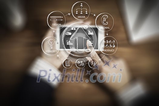 Top view of woman sitting at table and using smartphone Top view of woman sitting at table and using smartphone