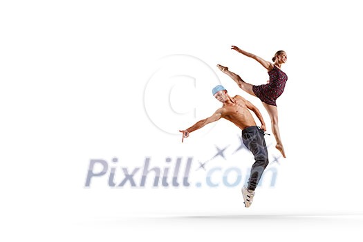Male and female dancers acting on white background