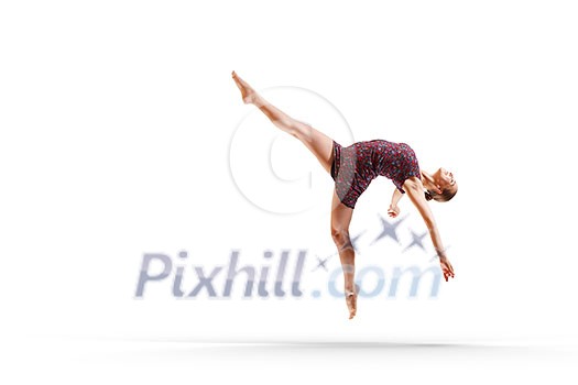 Female dancer ballerina jumping on white background
