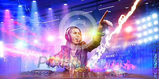 Young attractive woman dj in playing her music. Mixed media Young attractive woman dj in playing her music. Mixed media