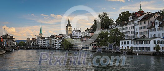 Aerial view of Zurich city center with famous St. Peter Church and river Limmat at Lake Zurich from Grossmunster Church Canton of Zurich Switzerland