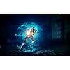 Woman cyborg running on dark background. Mixed media