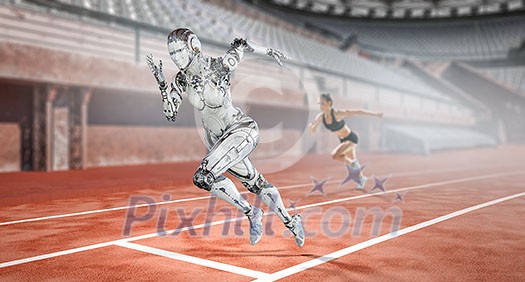Woman cyborg running on track. Mixed media