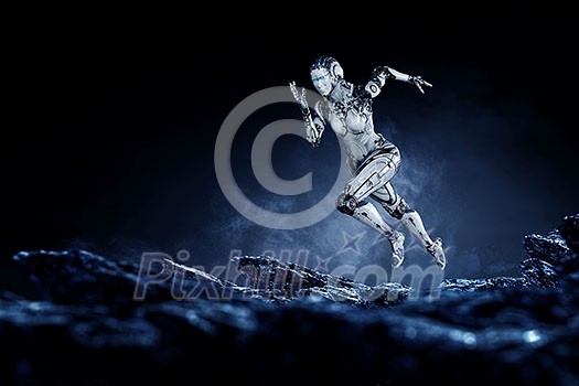 Woman cyborg running on dark background. Mixed media Woman cyborg running on dark background. Mixed media