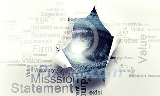 Male eye looks through hole in paper background. Mixed media Male eye looks through hole in paper background. Mixed media