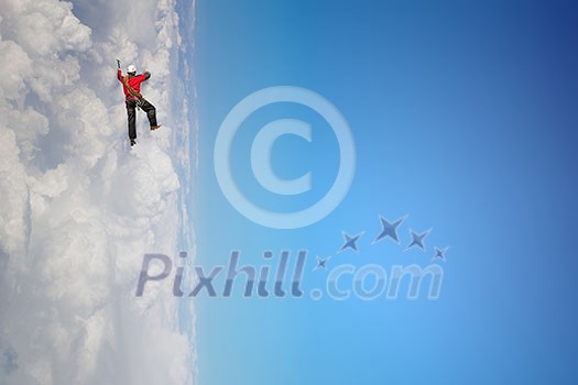 Alpinist man climbing white cloud high in sky. Mixed media