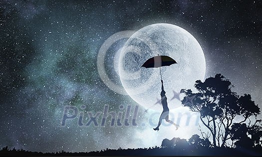 Silhouette of businesswoman flying on umbrella in night sky. Mixed media