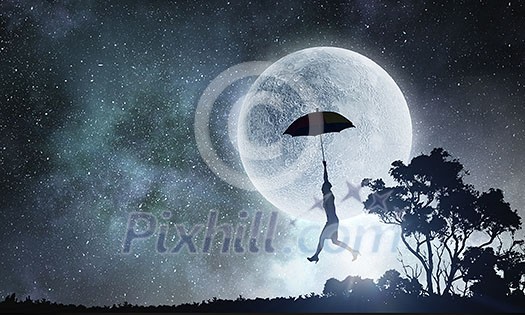 Silhouette of businesswoman flying on umbrella in night sky. Mixed media Silhouette of businesswoman flying on umbrella in night sky. Mixed media