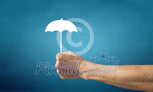 Human palm on blue background presenting problem concept Human palm on blue background presenting problem concept