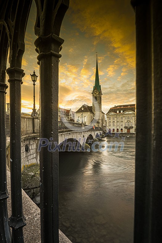 Zurich, Switzerland - view of the old town with the Limmat river Zurich, Switzerland - view of the old town with the Limmat river