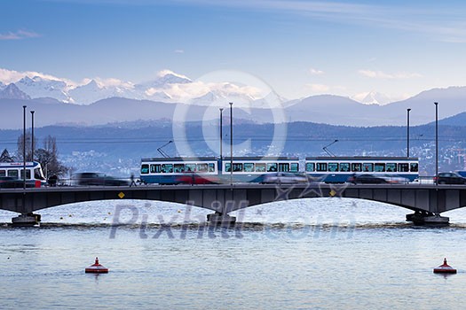 Zurich, Switzerland - view of the Limmat river with its busy bridges Zurich, Switzerland - view of the Limmat river with its busy bridges