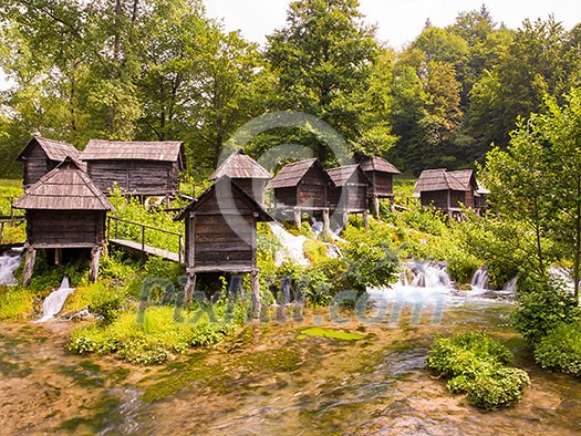 Beautiful nature Old wooden waterills of Jajce on river, Bosnia and Herzegovina Beautiful nature Old wooden waterills of Jajce on river, Bosnia and Herzegovina