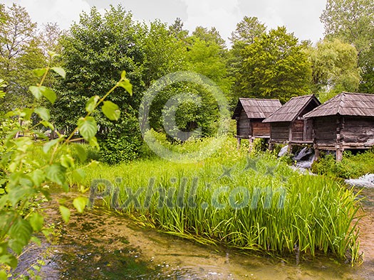 Beautiful nature Old wooden waterills of Jajce on river, Bosnia and Herzegovina Beautiful nature Old wooden waterills of Jajce on river, Bosnia and Herzegovina