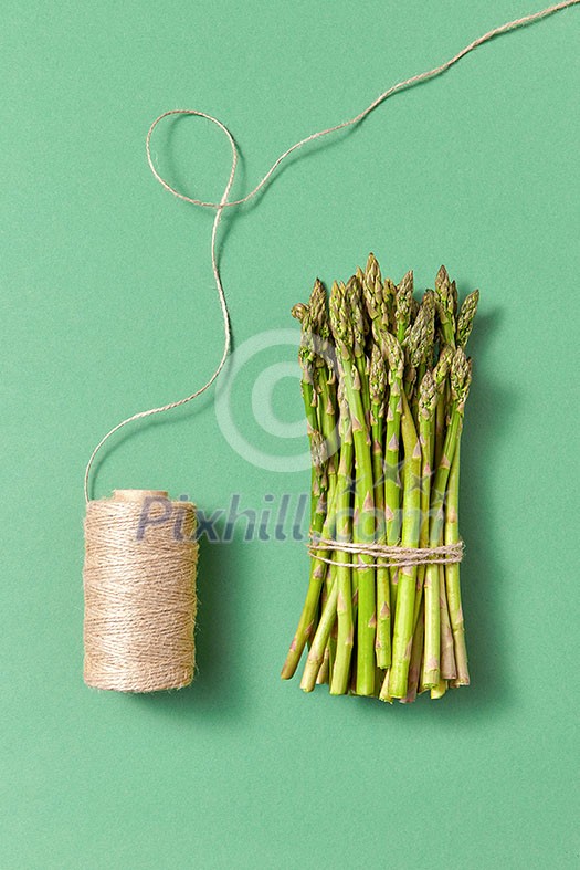 Raw vagetable ripe asparagus bunch and rope on a pastel green background with soft shadows, copy space. Healthy ingredients for vegan eating Raw vagetable ripe asparagus bunch and rope on a pastel green background with soft shadows, copy space. Healthy ingredients for vegan eating