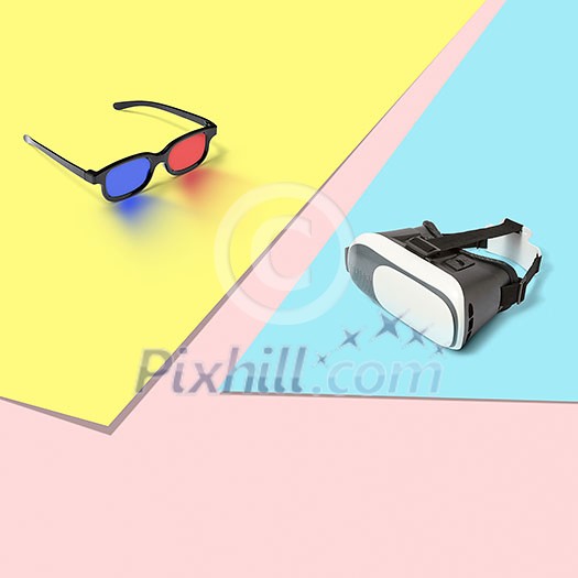 Plastic 3d stereo glasses for watching movies and virtual reality VR glasses for playing computer games on a tricolor pastel background with copy space. Plastic 3d stereo glasses for watching movies and virtual reality VR glasses for playing computer games on a tricolor pastel background with copy space.