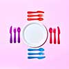 Eating set from disposable plastic cutlery, serving around paper white plate on a pastel pink background with copy space. Flat lay.