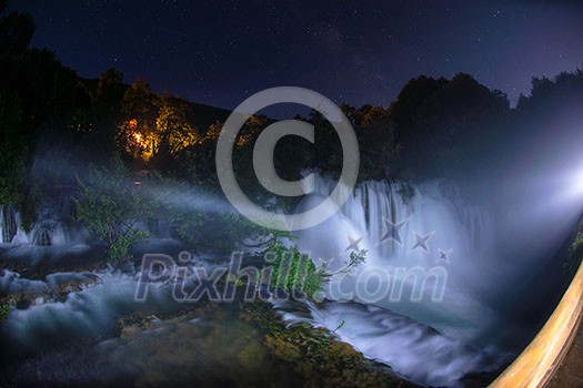 waterfalls in dark night beautiful nature with crystal clear water on wild river una in bosnia and herzegovina