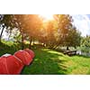 calm relaxing camp tent near the beautiful river on sunny summer day